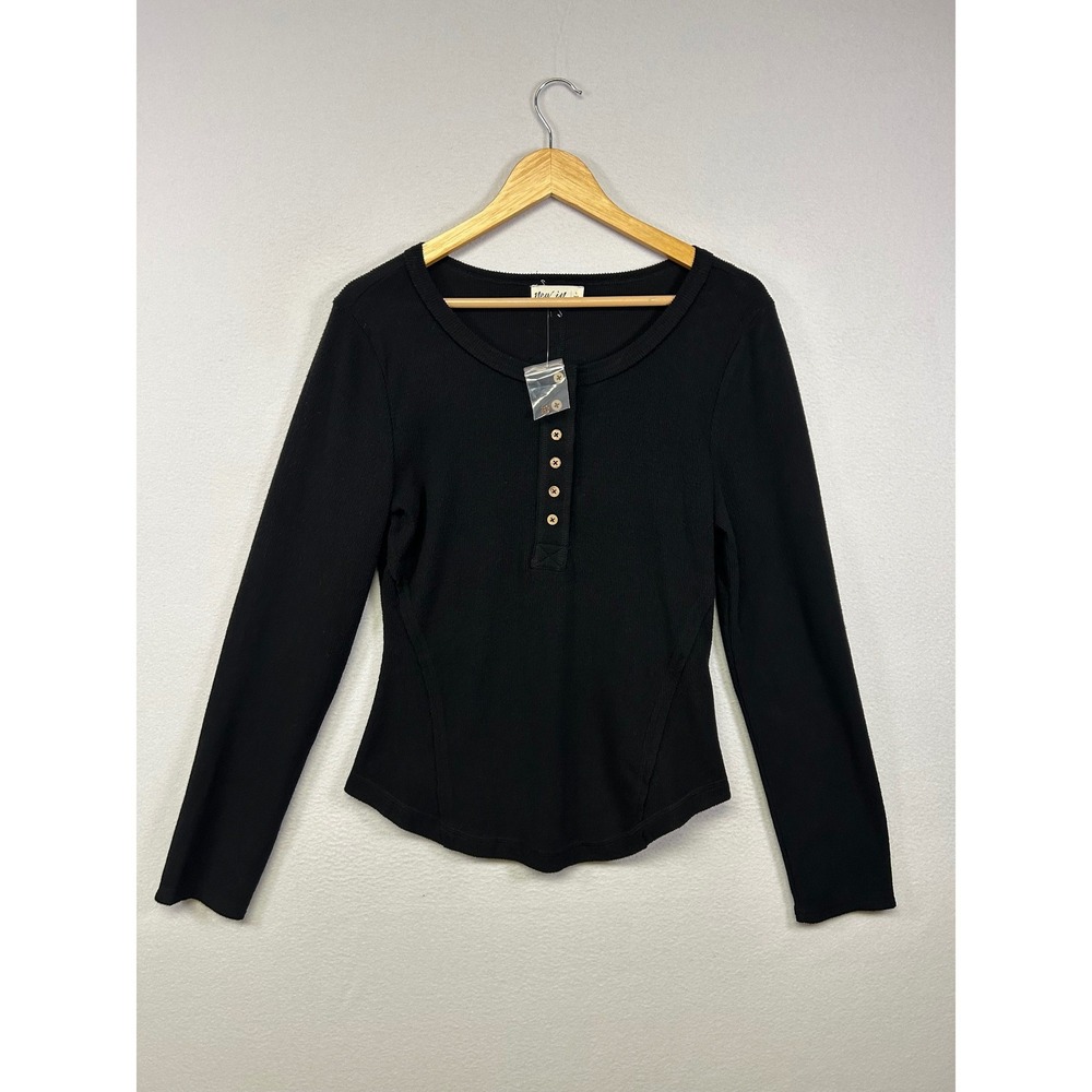 Minimalist Basics New In Womens L Black Ribbed Henley Long Sleeve Curved Hem Top